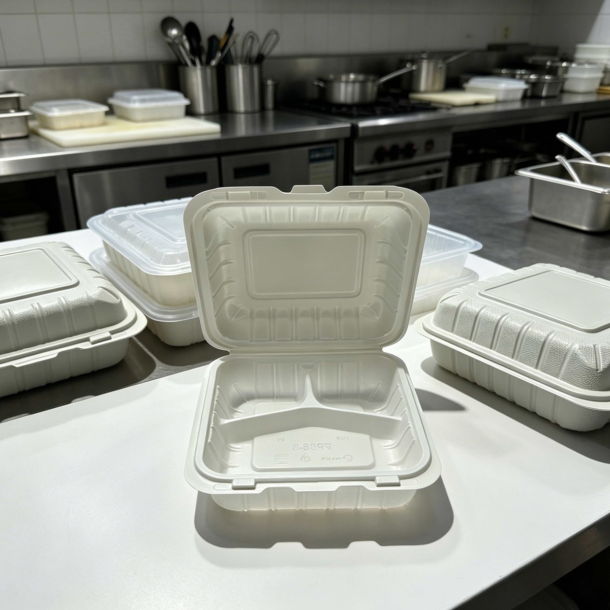 8"/9" White MFPP 3-compartment clamshell