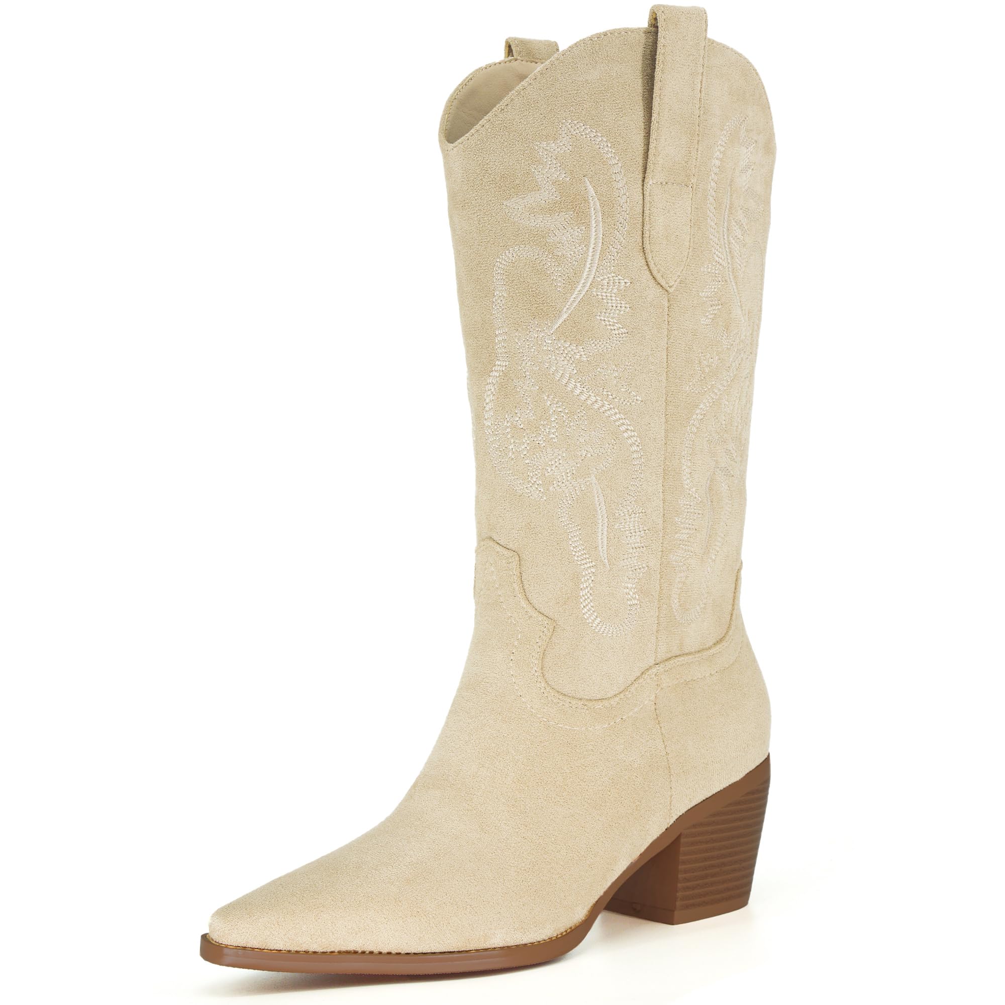 Beige Women’s Cowboy Boots, Classic Pointed Toe Chunky Heel, Pull-On, Size 6