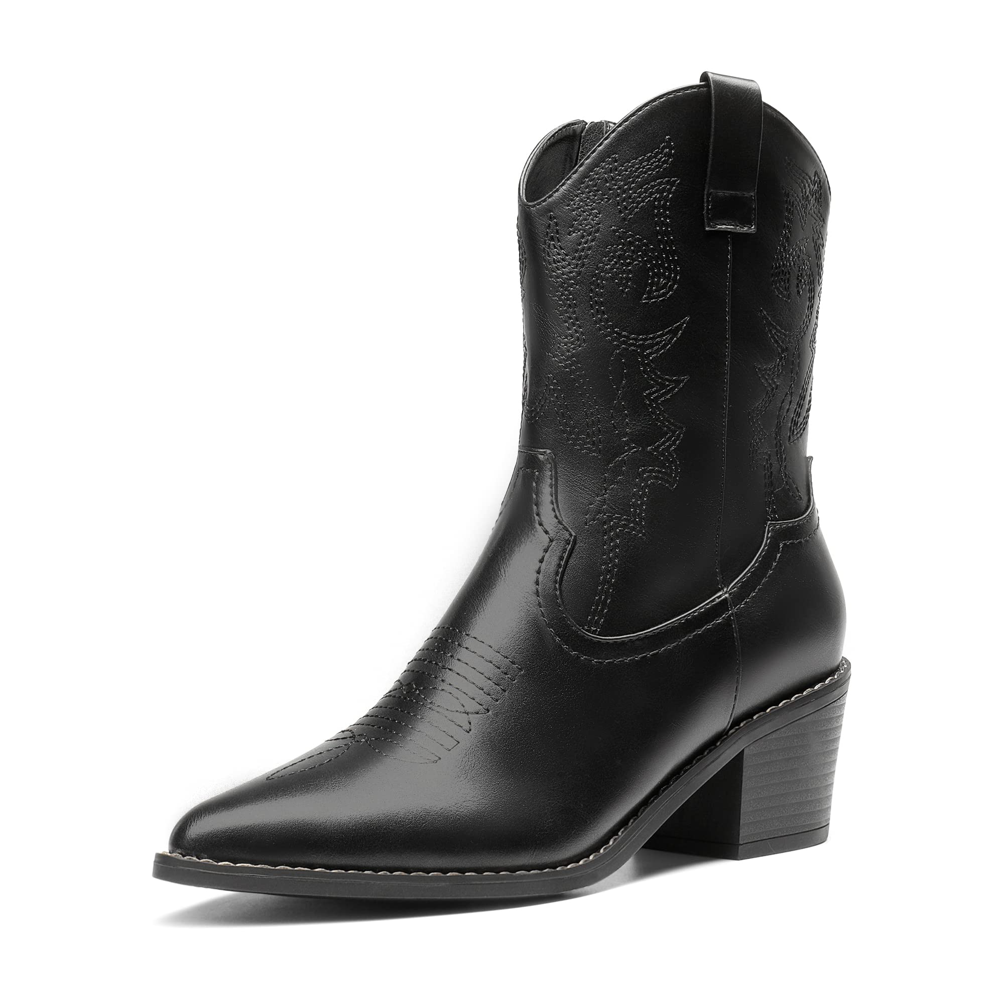 Black Women’s Pointed Toe Chunky Heel Western Ankle Boots with Chain, Size 11