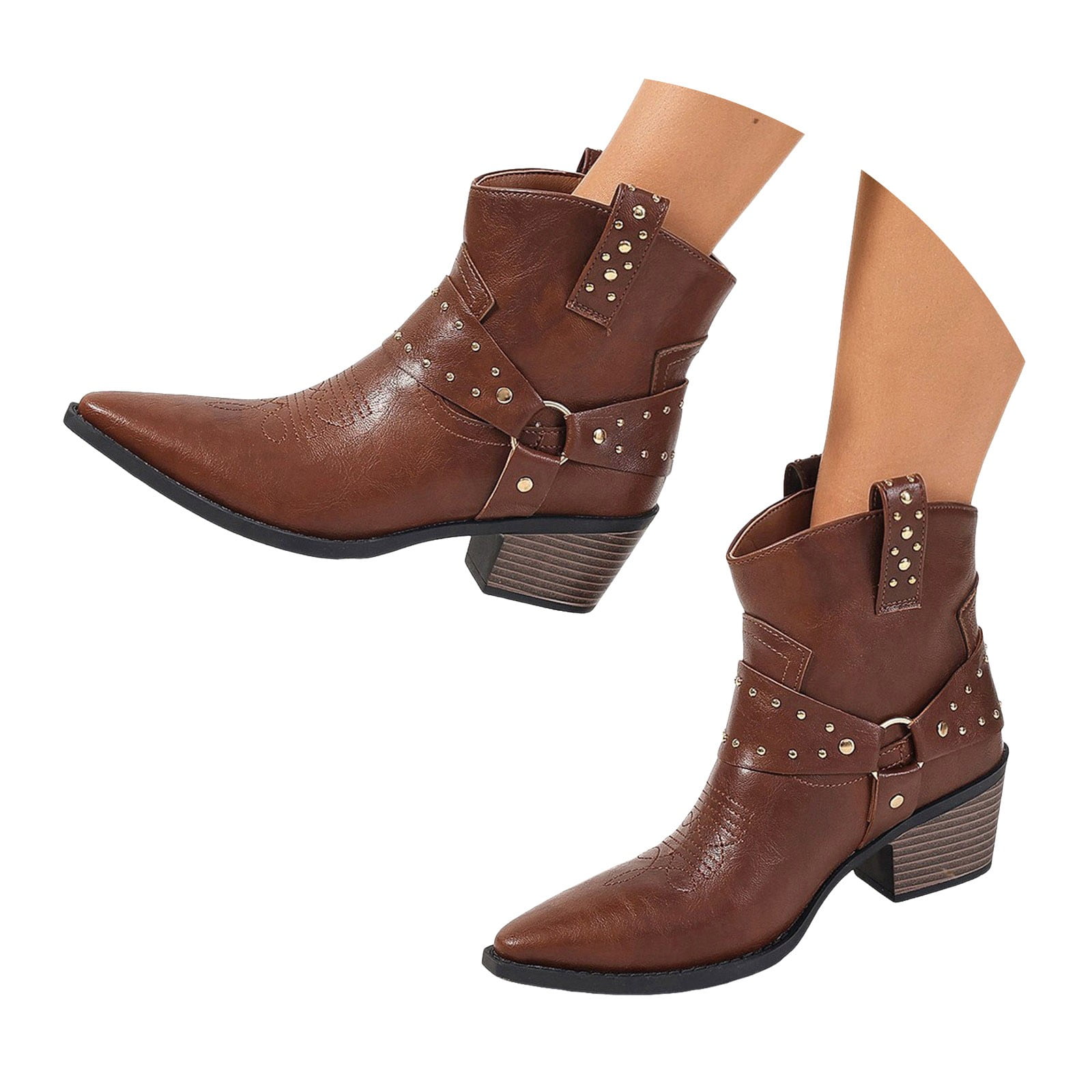 Women’s Pointed Toe Western Ankle Boots Brown Size 11 with Chain