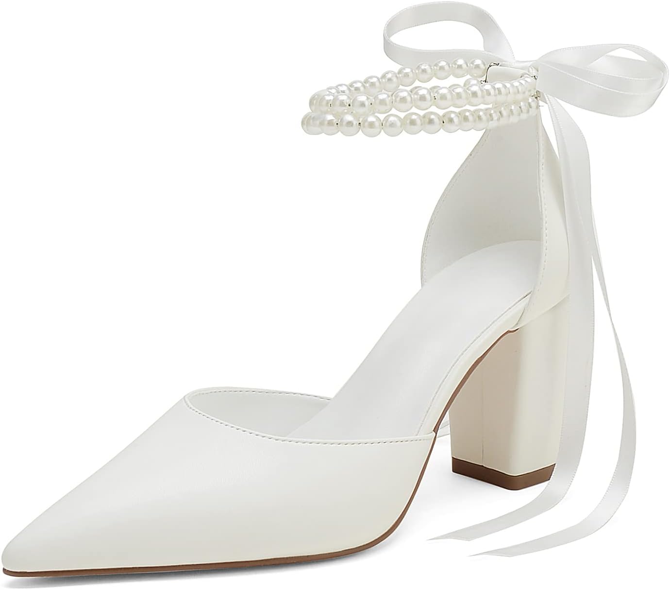 Women’s White Bow Chunky Heel Pumps – Closed Toe Wedding Dress Shoes Size 10