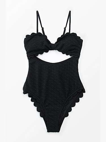 Swimsuit Black Mesh Scallop One Piece Womens V Neck Size S