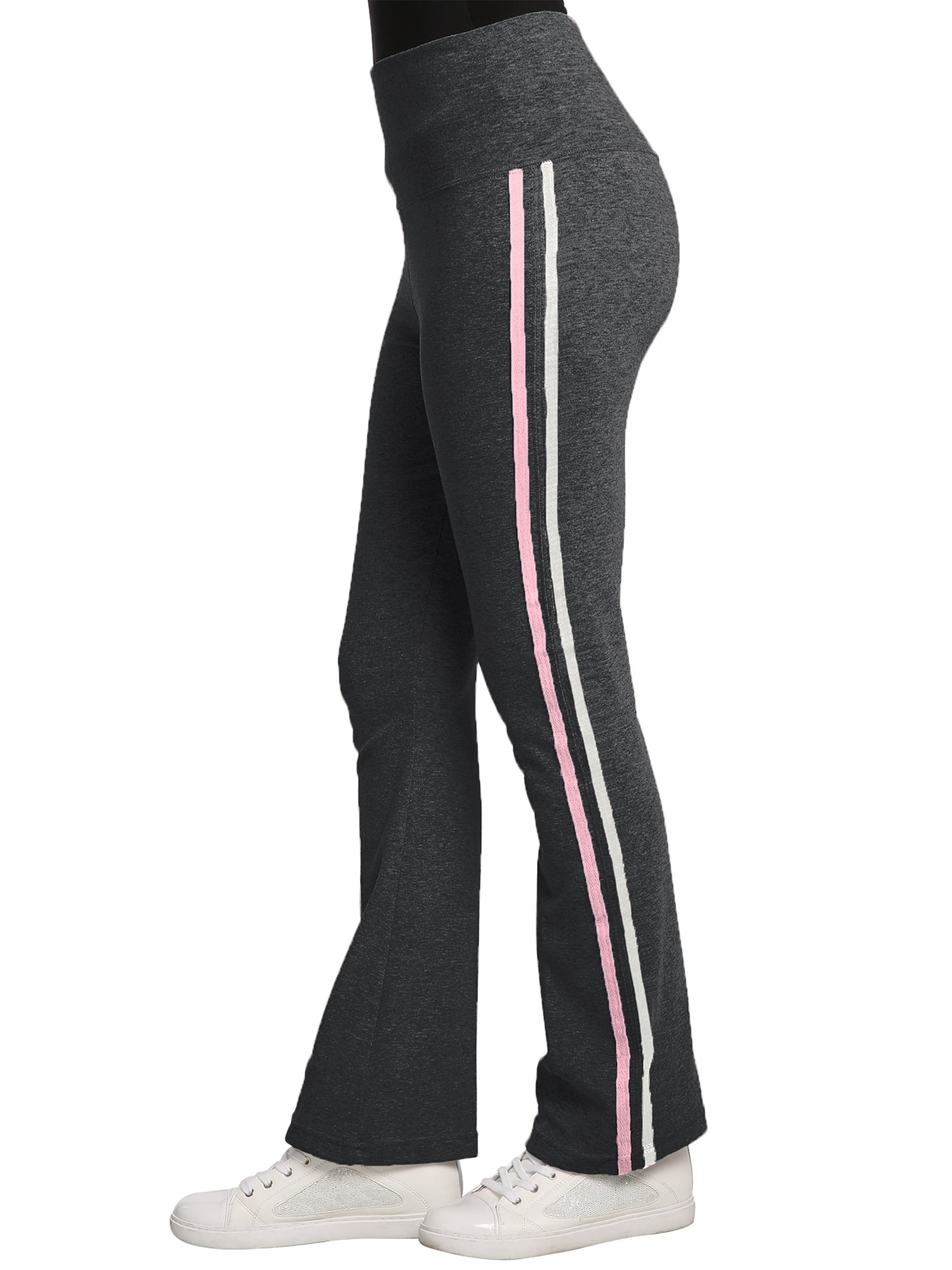 Womens Stretch Rib Sweatpants High Waist Contrast Color Seam Stripes  Color:Char
