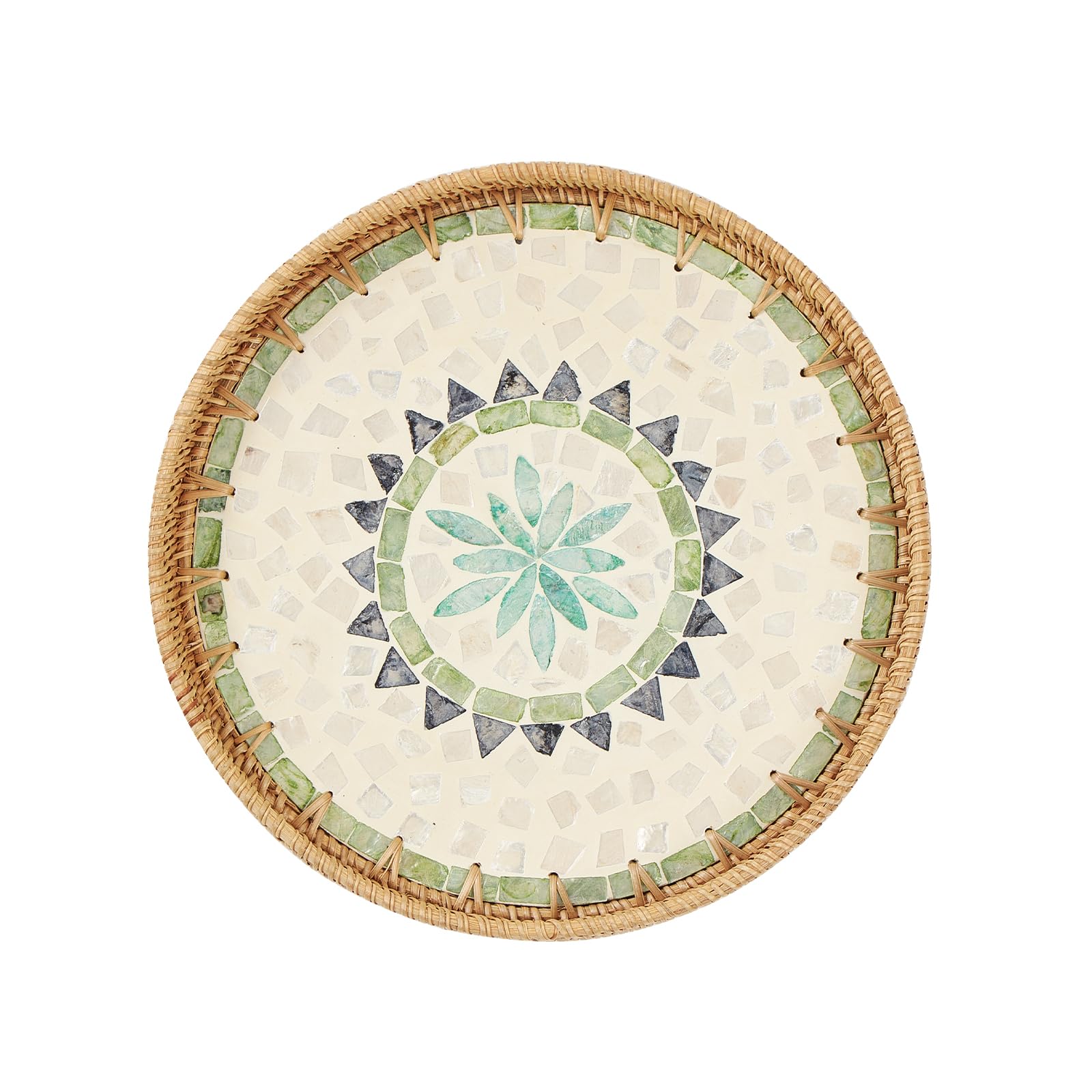 Round Rattan Tray with Mother of Pearl Inlay, Serving Leaf