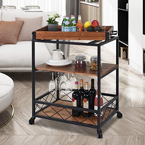 CharaVector Solid Wood Bar Cart with Wine Rack & Locking Wheels – Rustic Brown