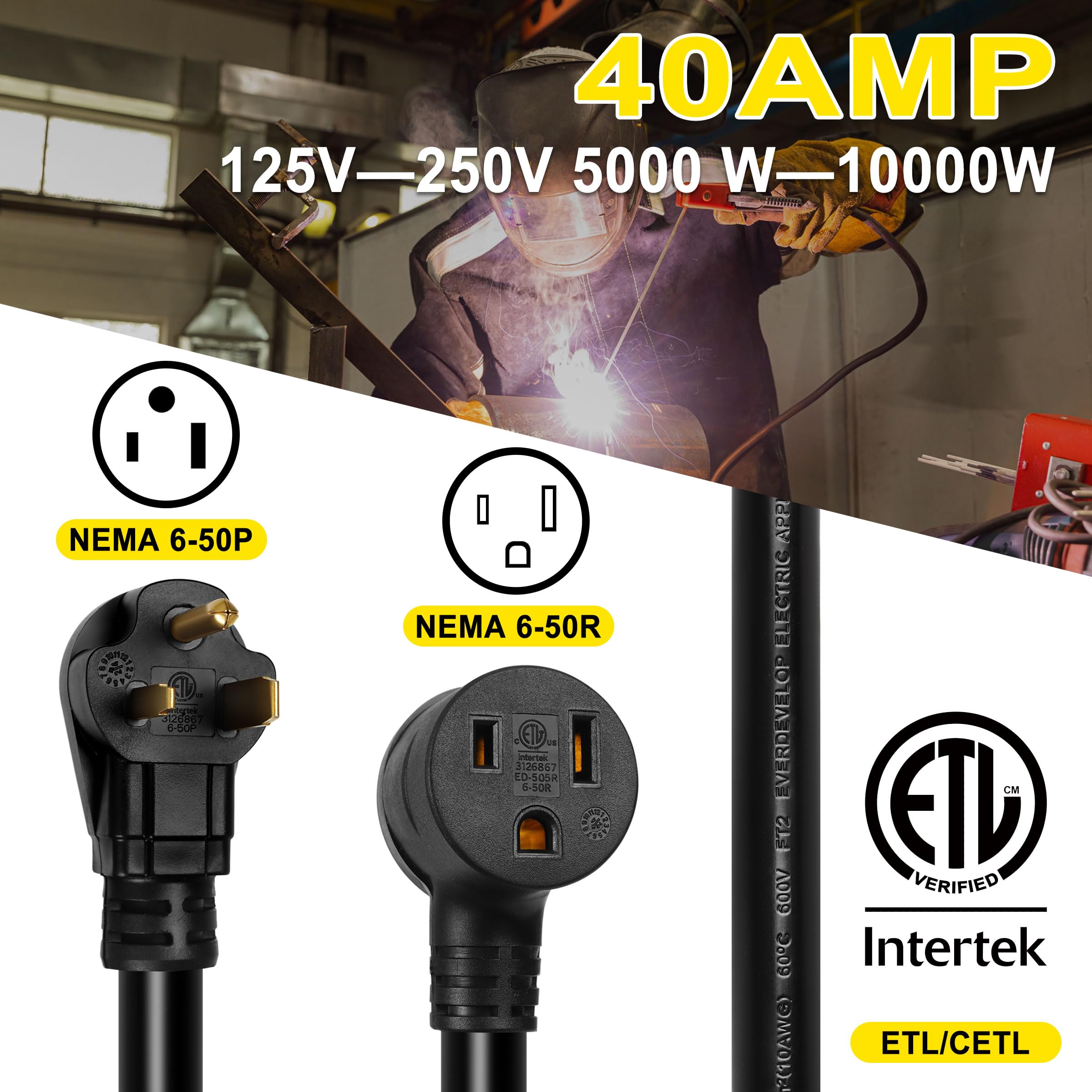 Welder Extension Cord 40 Amp 25 ft. 250 Volt Welding Power Cord with NEMA 6-50
