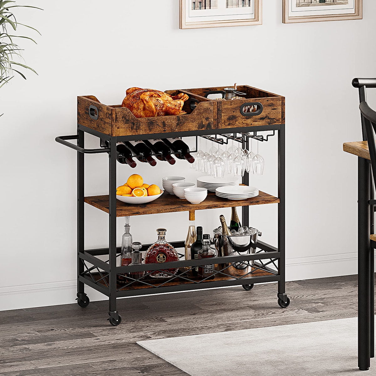 Bar Cart for the Home, 3 Tire Industrial Rolling Serving Cart on Lockable Wheels