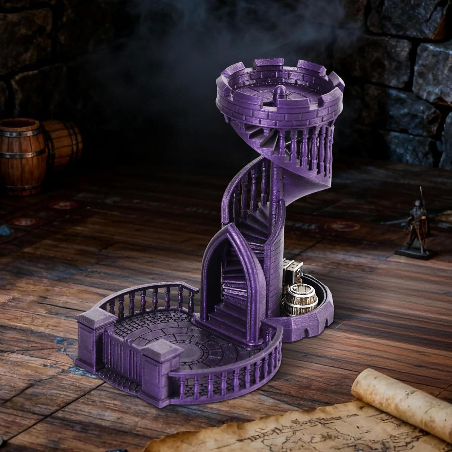 AUSPDICE Dice Rolling Tower and Tray, Retro Castle 36-Step Spiral Staircase, Fits Dice to 30 mm, Bronze, 1 Tower + 2 Trays