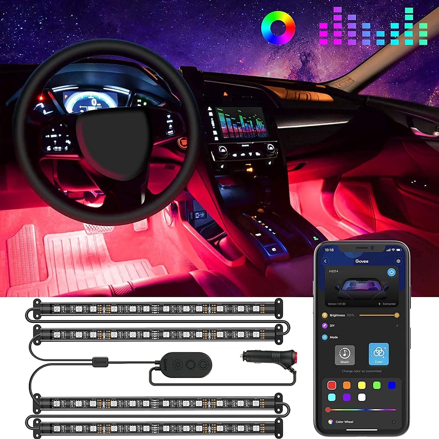 Govee RGB Car LED Strip Light H6113, 4 x 22 cm Interior Car Lights with App and Music Control, 12V thumbnail 1