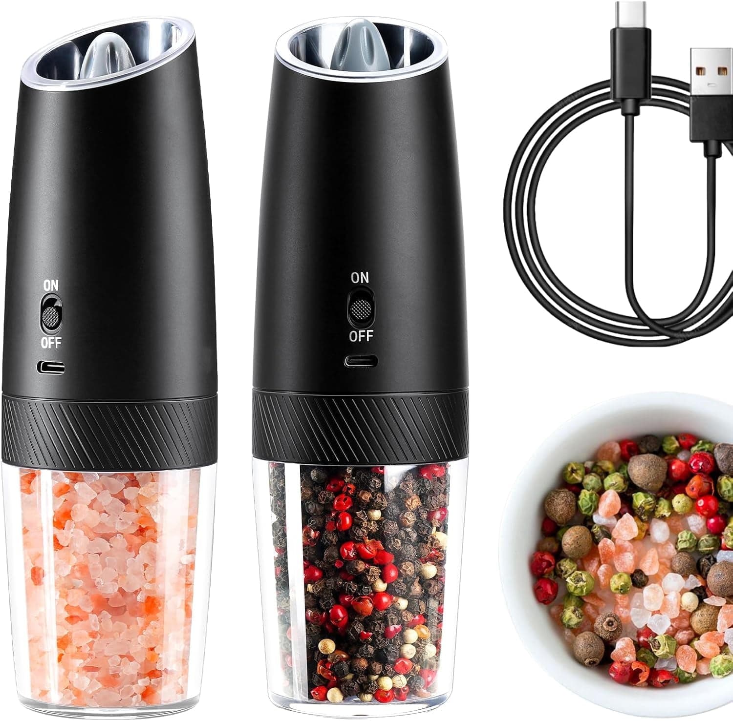 Gravity-Activated Electric Salt and Pepper Grinder Set of 2, Stainless Steel Body with Clear Acrylic Chamber, Adjustable Coarseness thumbnail 1