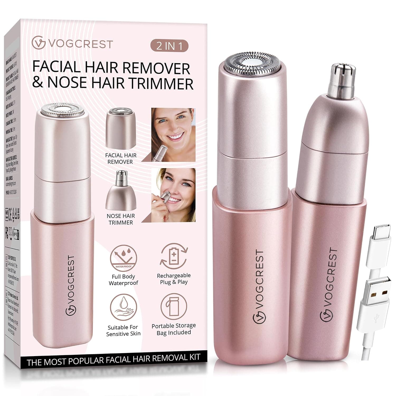 VOGCREST VG-105 2-in-1 Facial Hair Remover and Nose Hair Trimmer for Women, IPX6 Waterproof, USB-C Rechargeable thumbnail 1
