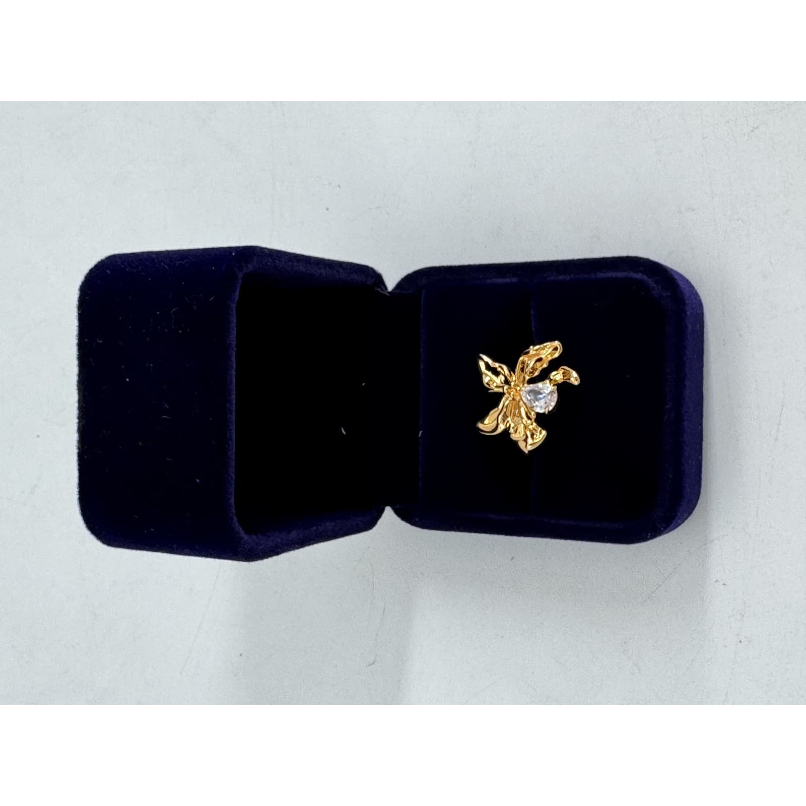 Gold-Tone Sculpted Flower Statement Ring with Pear-Cut Clear Stone, Velvet Gift Box thumbnail 1