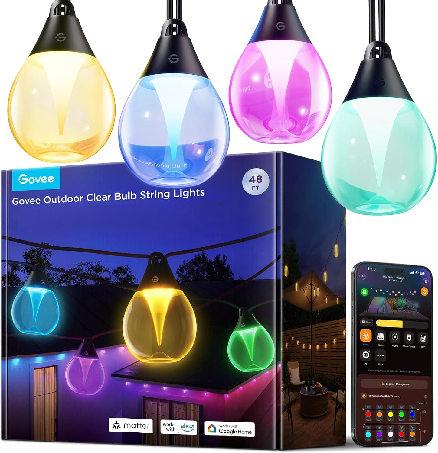 Govee Lynx H7003 LED Bulb String Lights, 48 ft / 15 m, 15 Dimmable Shatterproof Bulbs, Warm Yellow 2200K, Remote thumbnail 1