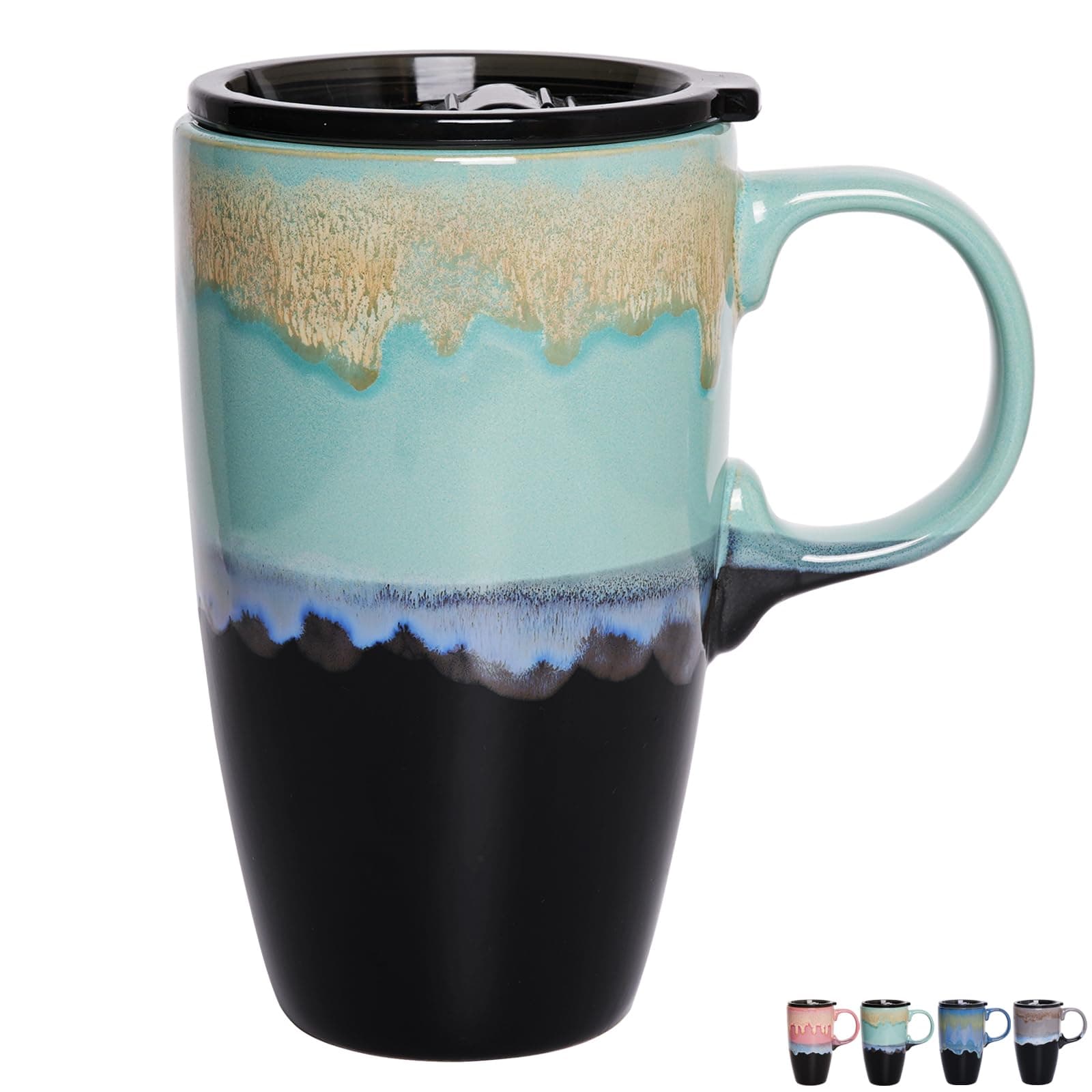 Ceramic Travel Mug with Handle and Snap-On Flip Lid, Glossy Solid Colors, Assorted Colors thumbnail 1