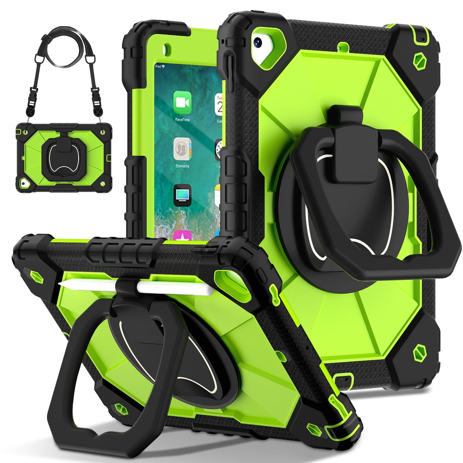 3-Layer Rugged Tablet Case with 360-Degree Rotating Ring Stand, Shoulder Strap and Pencil Holder, Pink and Purple thumbnail 1