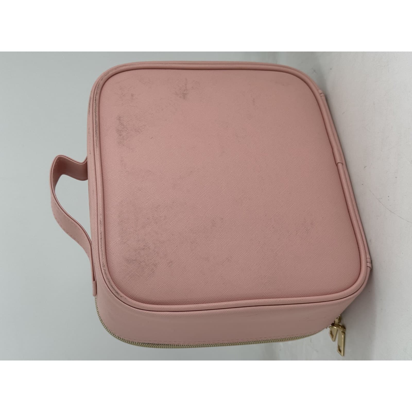 Structured Hard-Shell Travel Makeup Case, Saffiano PU Leather Vanity Box with Top Handle and Gold Double Zipper, Pink thumbnail 1