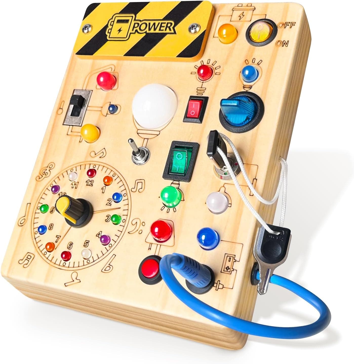 Iabedi Busy Board Plus V2 Wooden Montessori Light and Switch Sensory Travel Toy for Toddlers 1-3, Medium, Yellow thumbnail 1