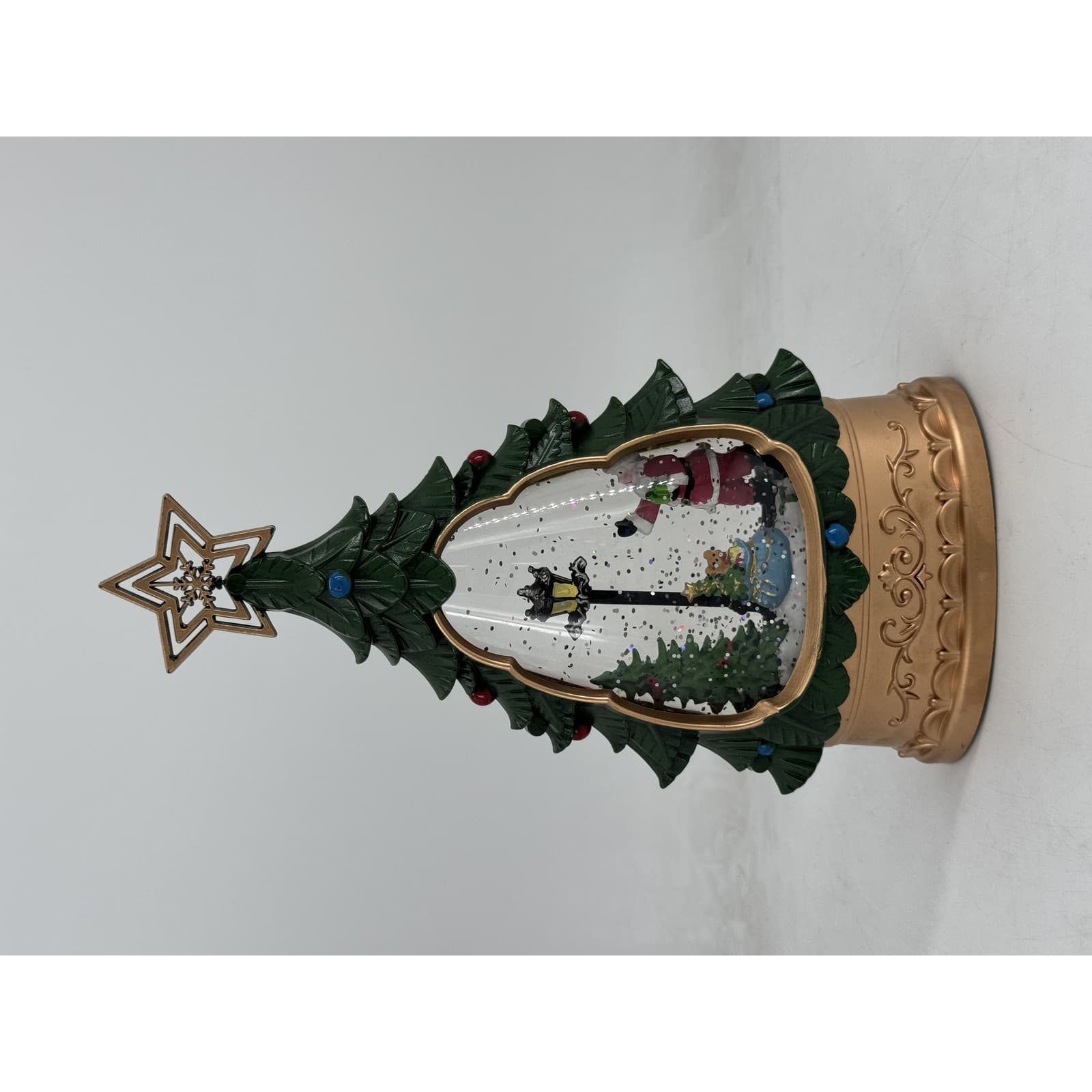 Lighted Christmas Tree Snow Globe Water Lantern with Swirling Glitter, Santa and Teddy Bear Scene, Gold Base thumbnail 1