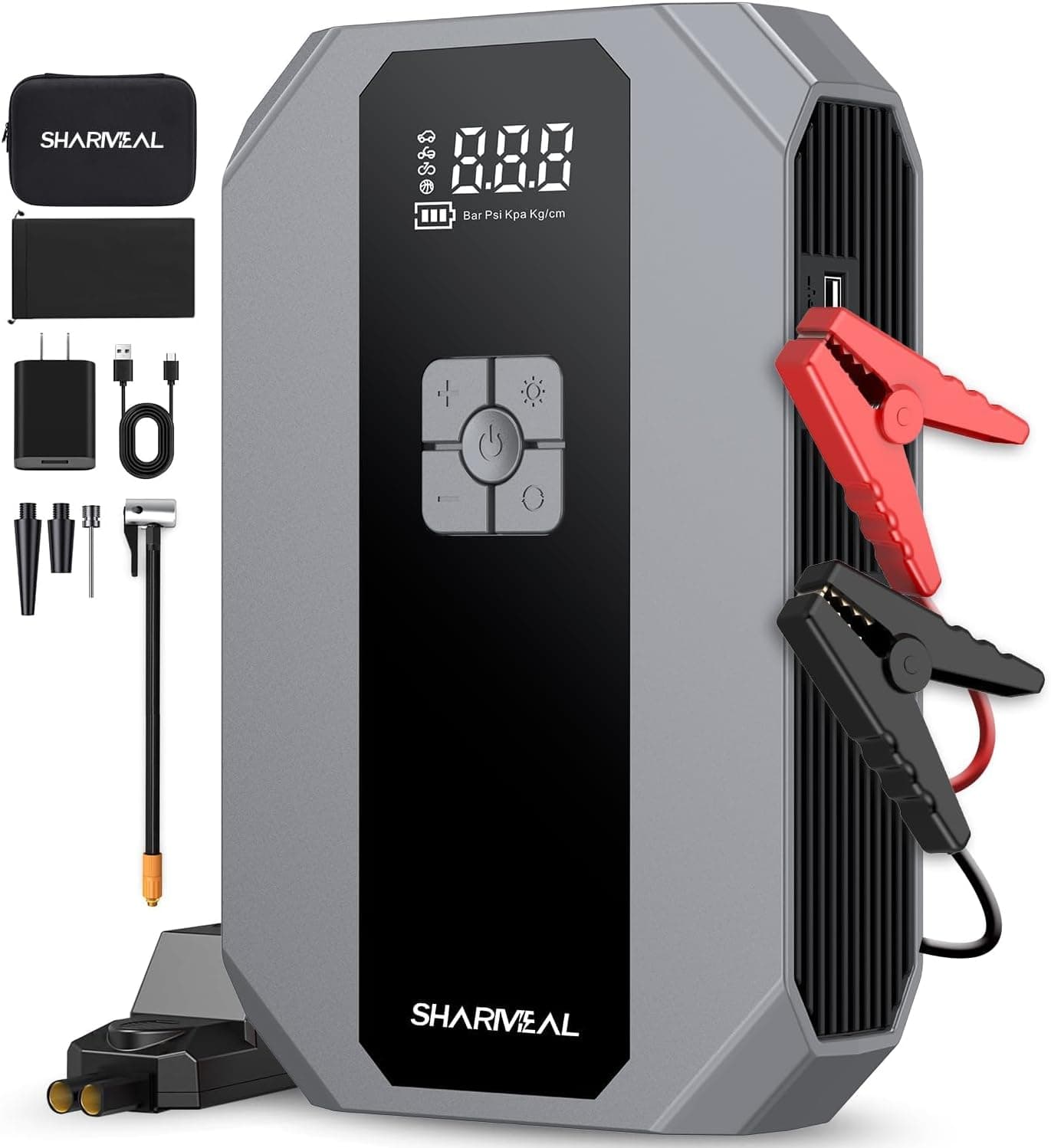 Sharmeal GL902 Car Jump Starter with Built-In Air Compressor, 12V Battery Booster, LED Light and USB Power Bank thumbnail 1