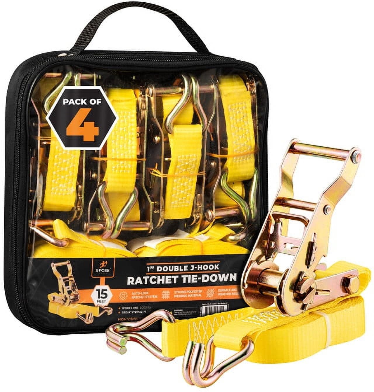 StayThere Heavy Duty Ratchet Tie-Down Kit, 4 Pack, 1.6 in x 8 ft Straps with 17 in Soft Loops, 1,736 lb Working Load Limit thumbnail 1