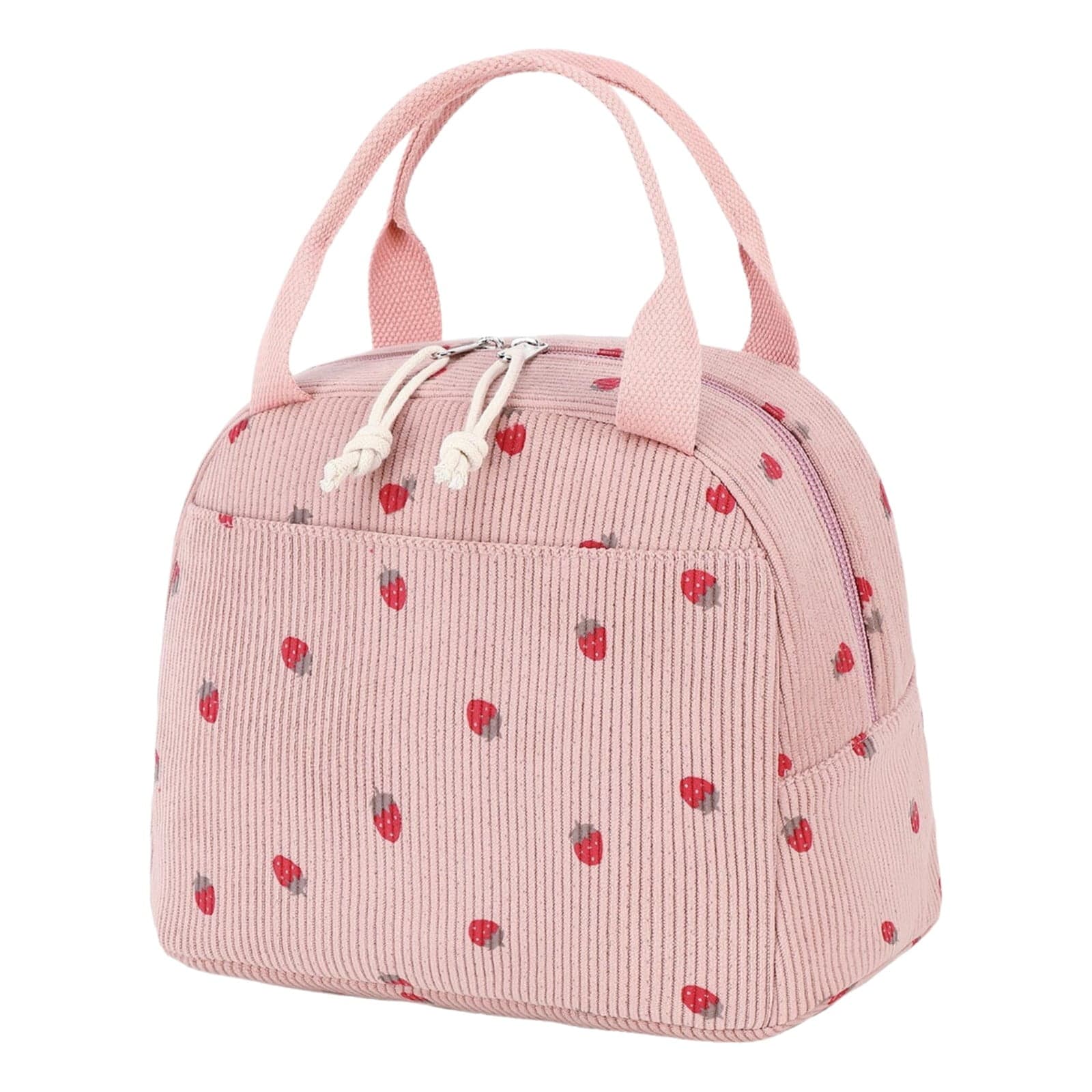 Nifogo Corduroy Insulated Lunch Bag, Large Strawberry Print Cooler Tote with Front Zip Pocket thumbnail 1
