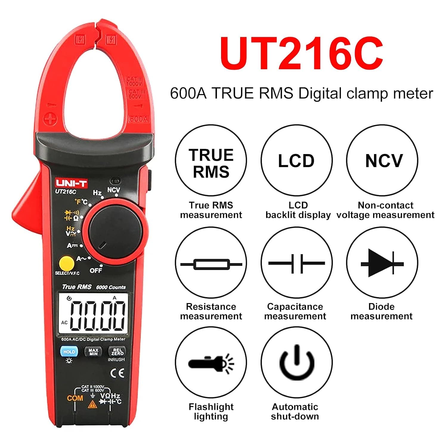 UNI-T UT216C True RMS Digital Clamp Meter, 600A AC/DC, 6000 Counts with NCV, VFC and Temperature thumbnail 1