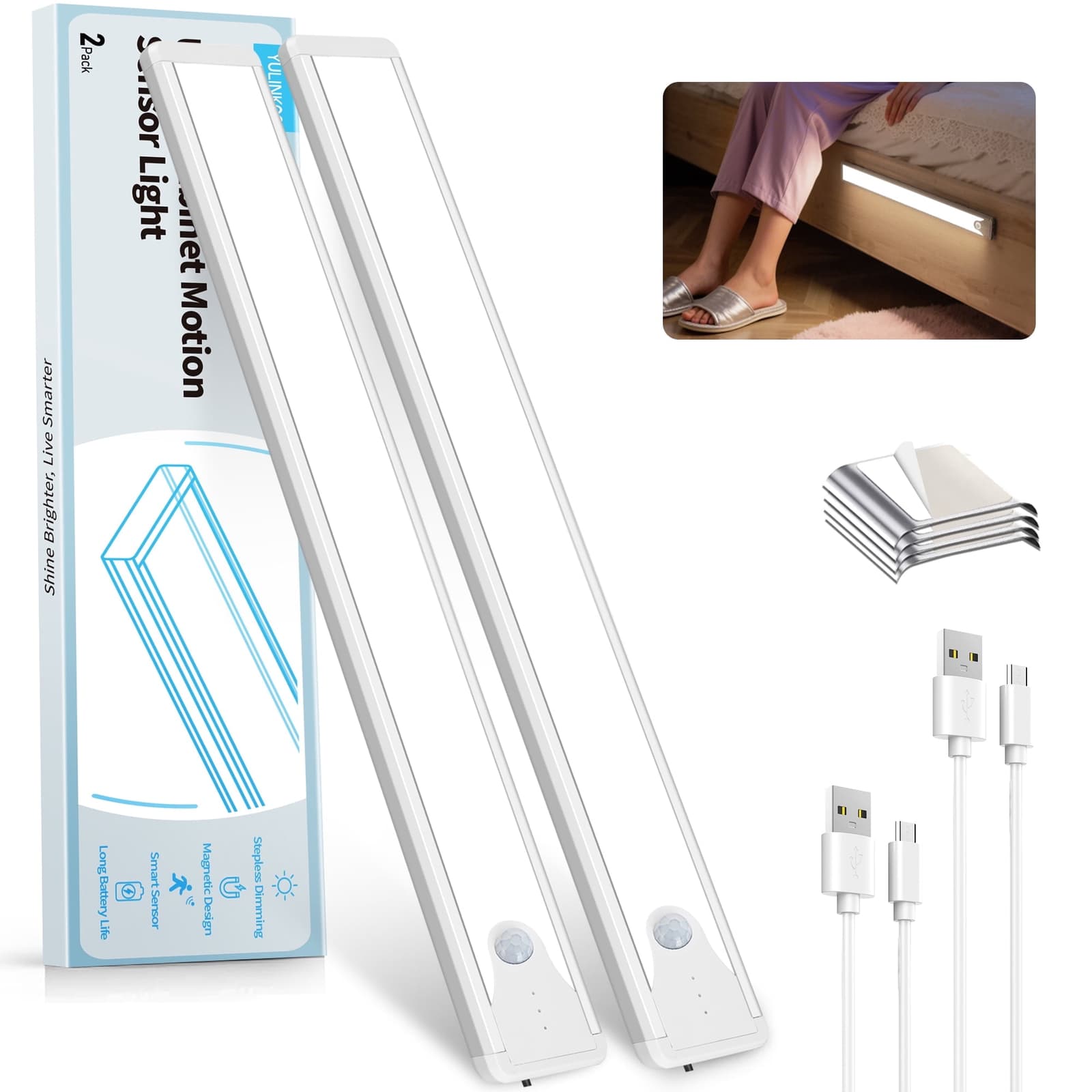 YULINKCO 16 Inch Under Cabinet Light 2 Pack, Rechargeable Magnetic Motion Sensor LED Bar, Stepless Dimming 6500K thumbnail 1