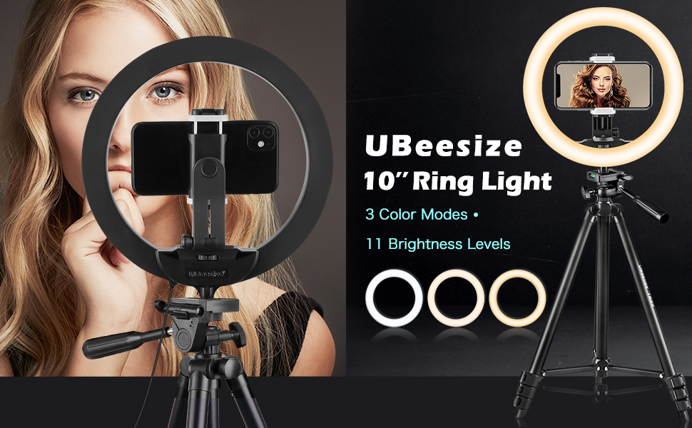 UBeesize 10in Ring Light bi-color w/Tripod, Phone Holder, and Adapter Black