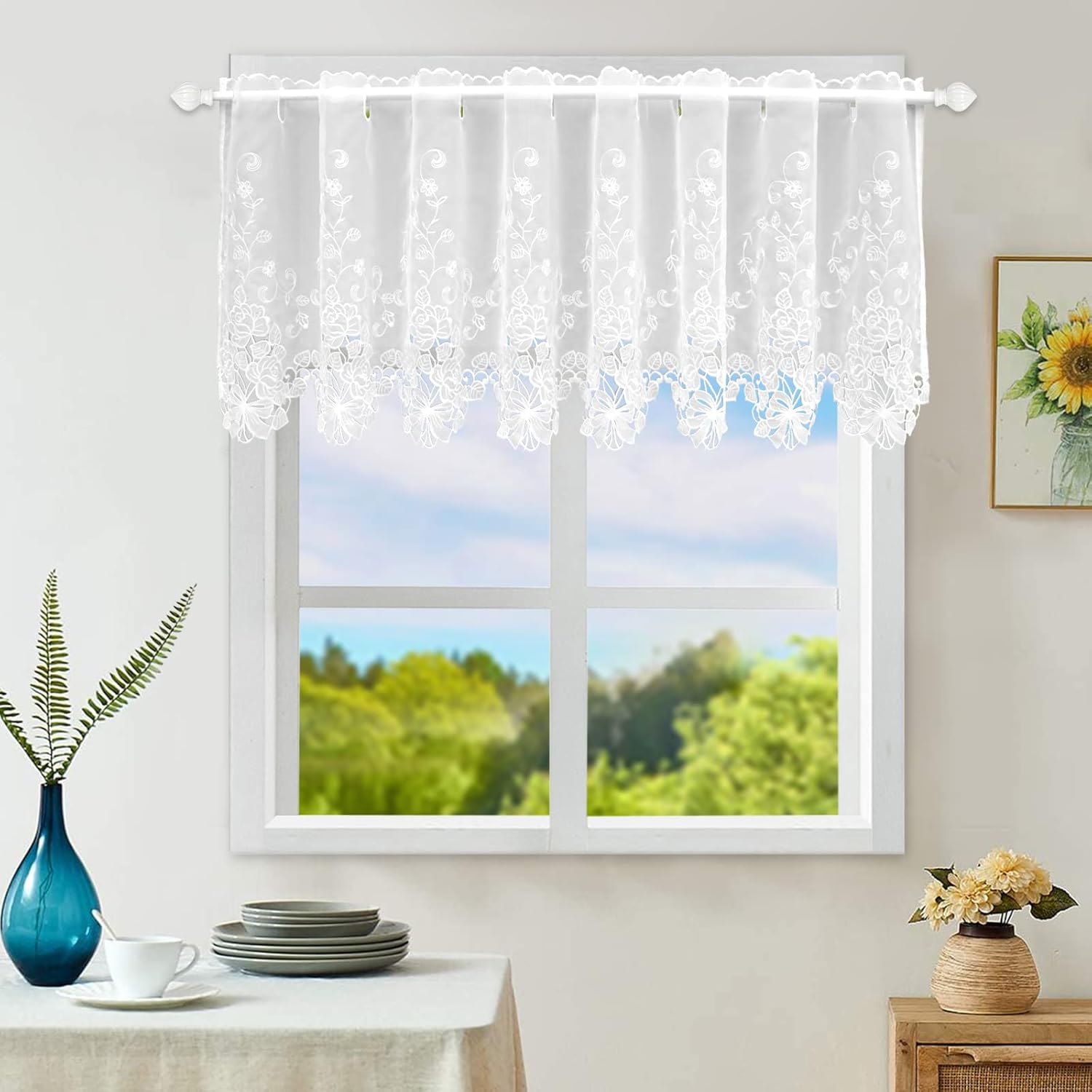 ZHH White Lace Valance Curtains Embroidery Semi Kitchen Valances H 15” x W 59”