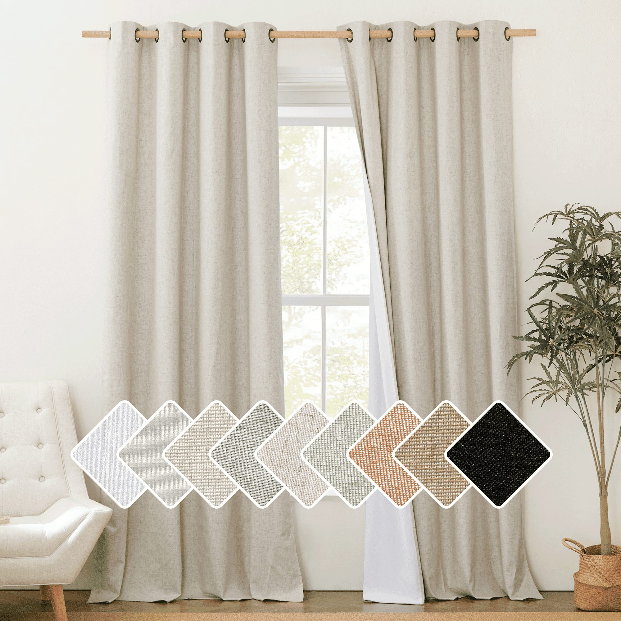 Natural Linen Semi Sheer Curtains, 52x96in, Off-White, Rod Pocket, 2 Panel
