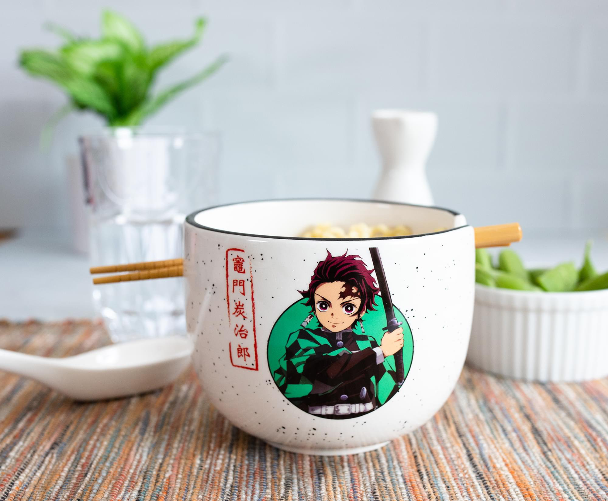 2 pcs Demon Slayer Tanjiro Fox Mask 16 oz Ramen Bowl Chopsticks Ceramic Clouds
