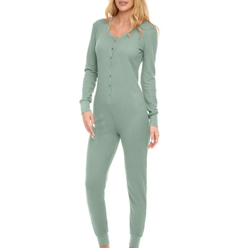 Women's Waffle Knit Thermal  Pajama Romper green Size XL