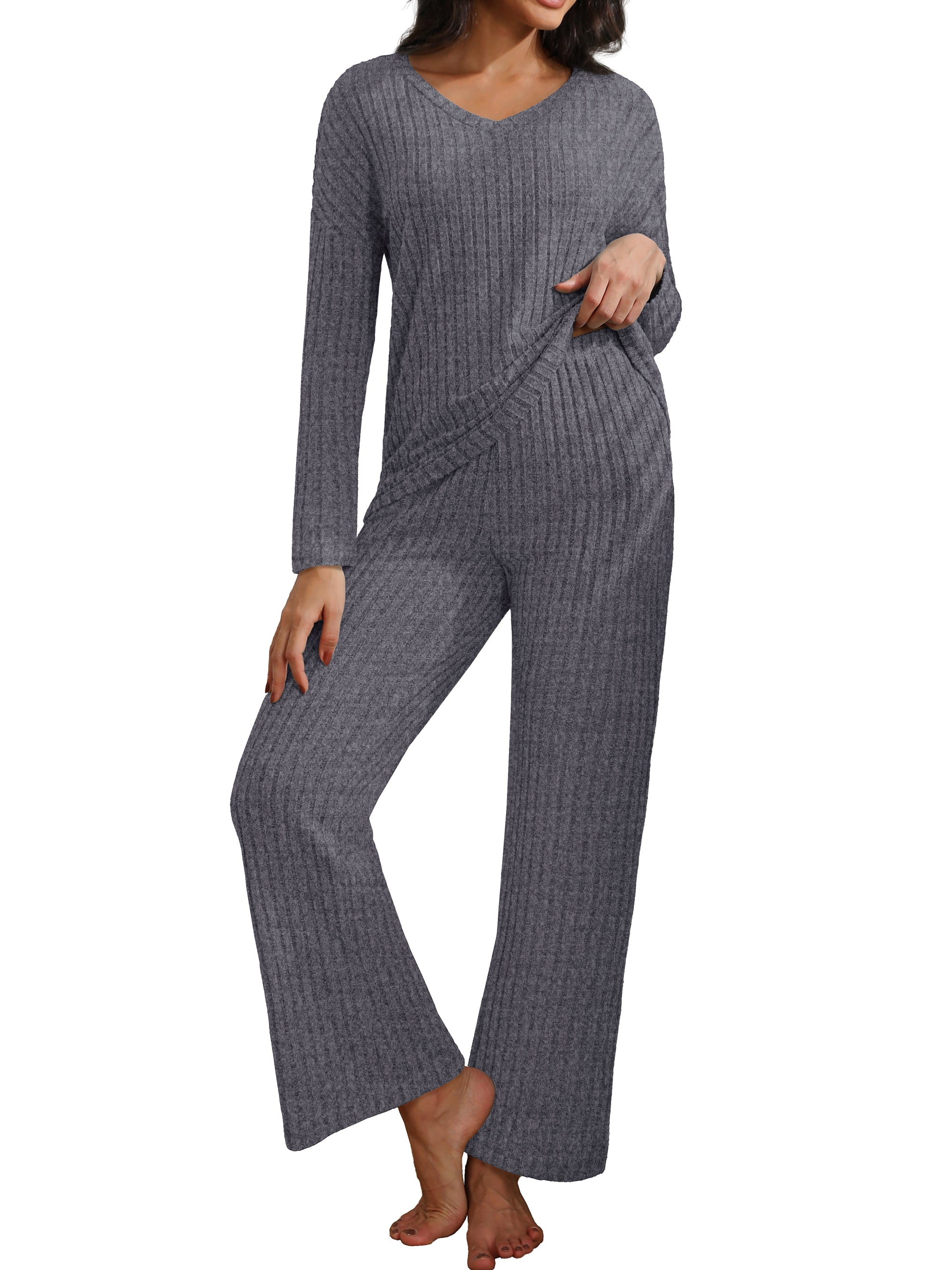 Women's Knit Pajamas Set, Long Sleeve Top and Pajama Shorts,Color:Black,Size:XL