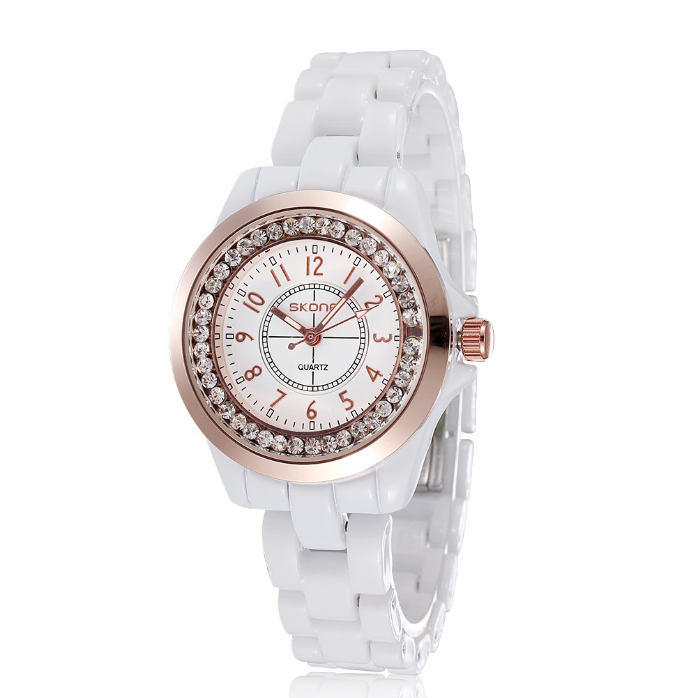 Rhinestone White Ceramic Watch Casual Lady Nice Dress Watches (Pink)