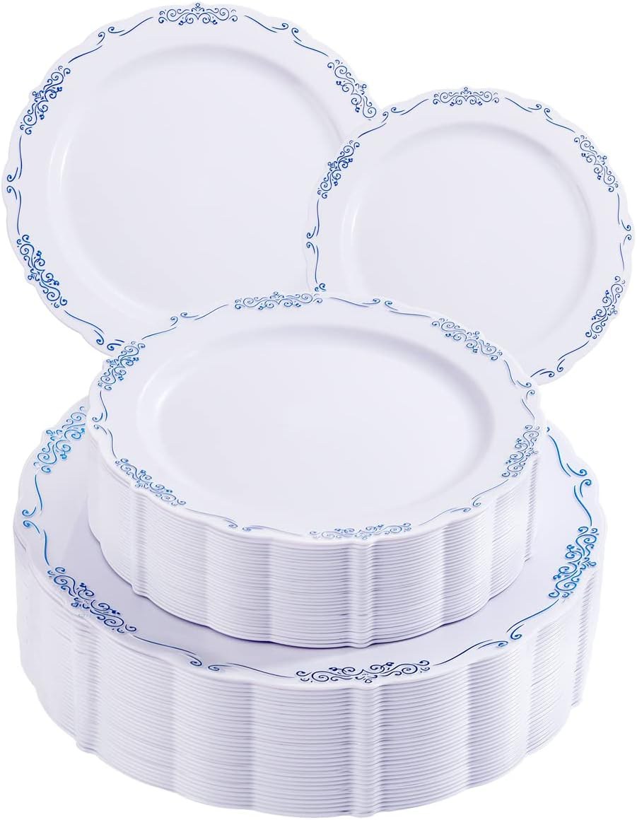 White-Blue Plastic Party Plates (175-Count Bulk Pack)