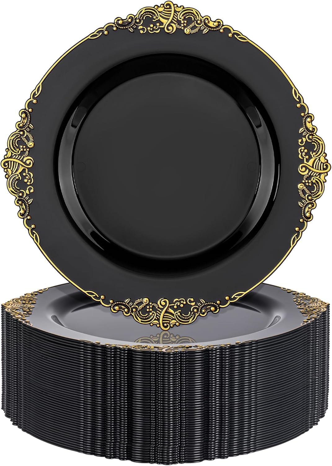 Black-Gold Plastic Party Plates (350-Count Bulk Pack)