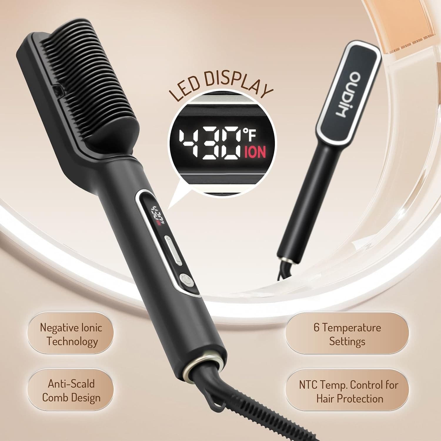 OUDIM Ionic Hair Straightener Brush OD-6807 with LCD Display, 30W, 120V 60Hz, 6 Heat Settings, Auto Shut-Off, Black 缩略图 2