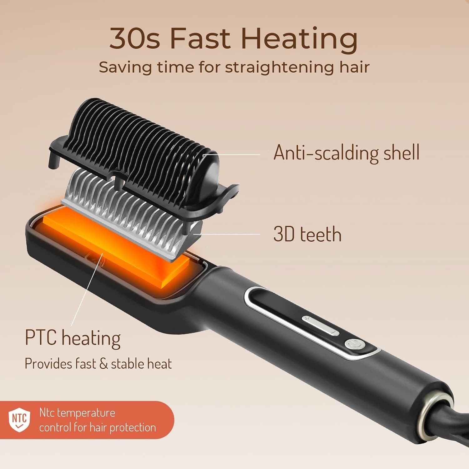 OUDIM Ionic Hair Straightener Brush OD-6807 with LCD Display, 30W, 120V 60Hz, 6 Heat Settings, Auto Shut-Off, Black 缩略图 3
