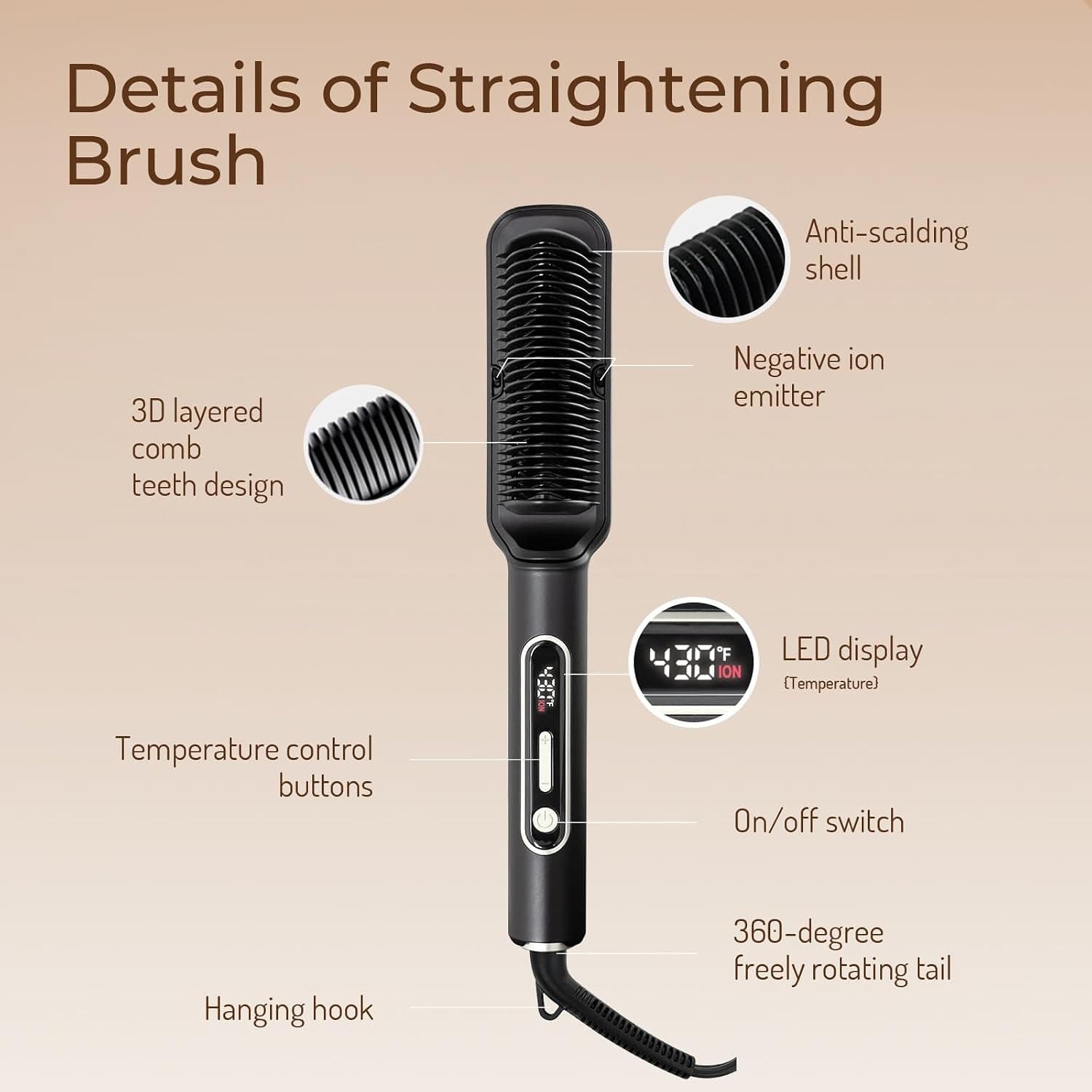 OUDIM Ionic Hair Straightener Brush OD-6807 with LCD Display, 30W, 120V 60Hz, 6 Heat Settings, Auto Shut-Off, Black 缩略图 4