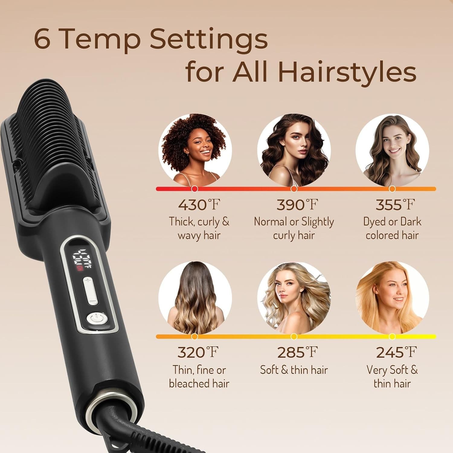 OUDIM Ionic Hair Straightener Brush OD-6807 with LCD Display, 30W, 120V 60Hz, 6 Heat Settings, Auto Shut-Off, Black 缩略图 5