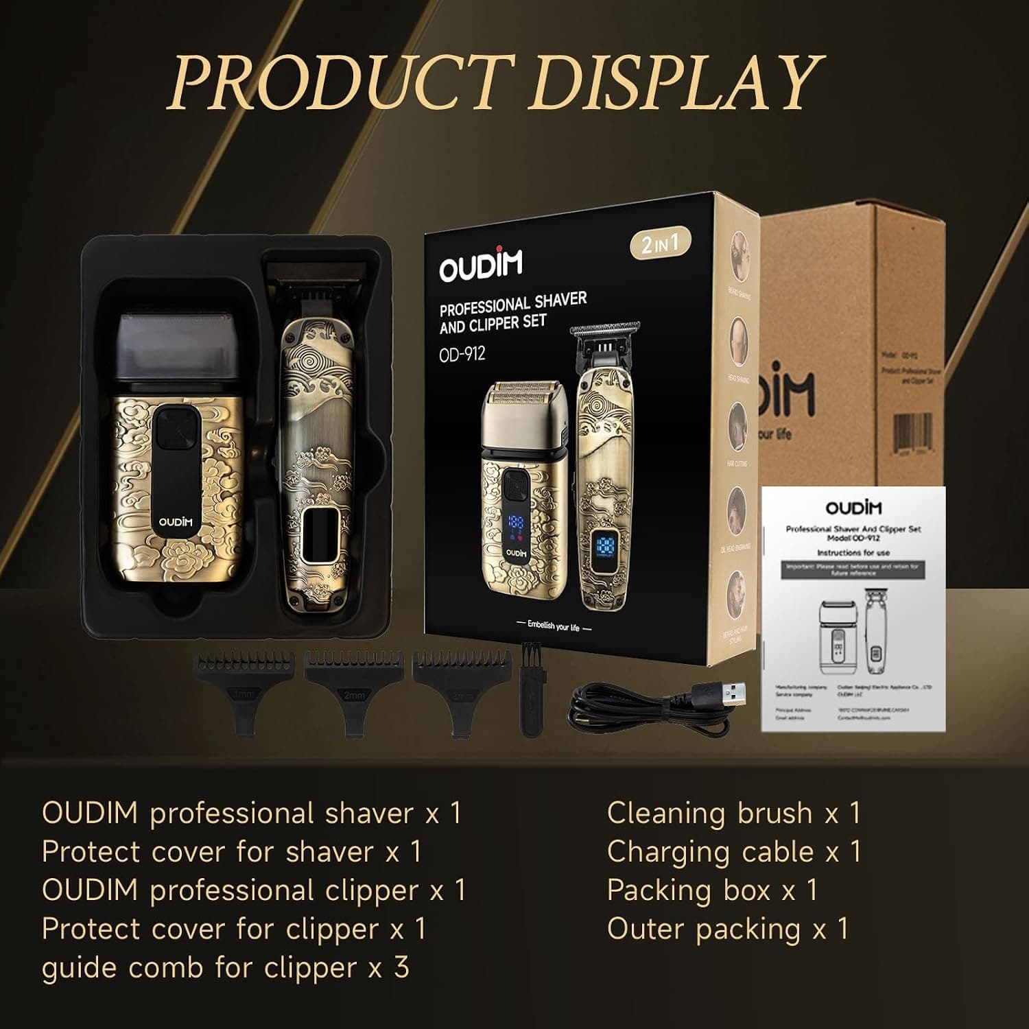 OUDIM Men's Foil Shaver & T-Blade Hair Clipper Set OD-912, Cordless, USB Type-C Rechargeable, LED Display thumbnail 3
