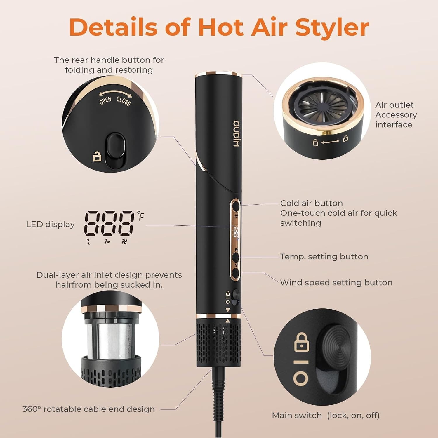 OUDIM High-Speed 6-in-1 Hot Air Styler OD-M6816, 1400W, 125V 60Hz, 110,000 RPM Brushless Motor, Foldable Handle thumbnail 5