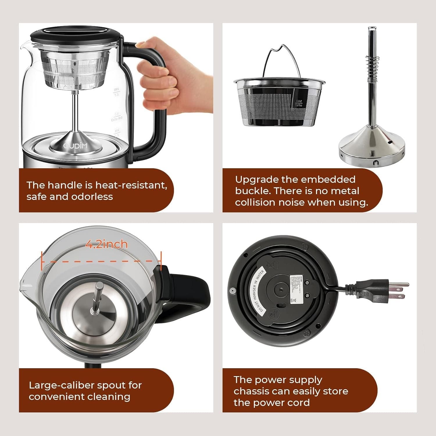 OUDIM Steam-Spray Tea & Coffee Maker OD-T1206, 1.2L Glass Kettle, 120V 60Hz, Boil / Brew / Keep Warm thumbnail 5