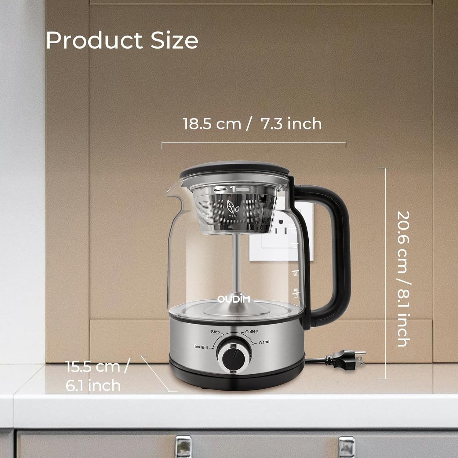 OUDIM Steam-Spray Tea & Coffee Maker OD-T1206, 1.2L Glass Kettle, 120V 60Hz, Boil / Brew / Keep Warm thumbnail 6