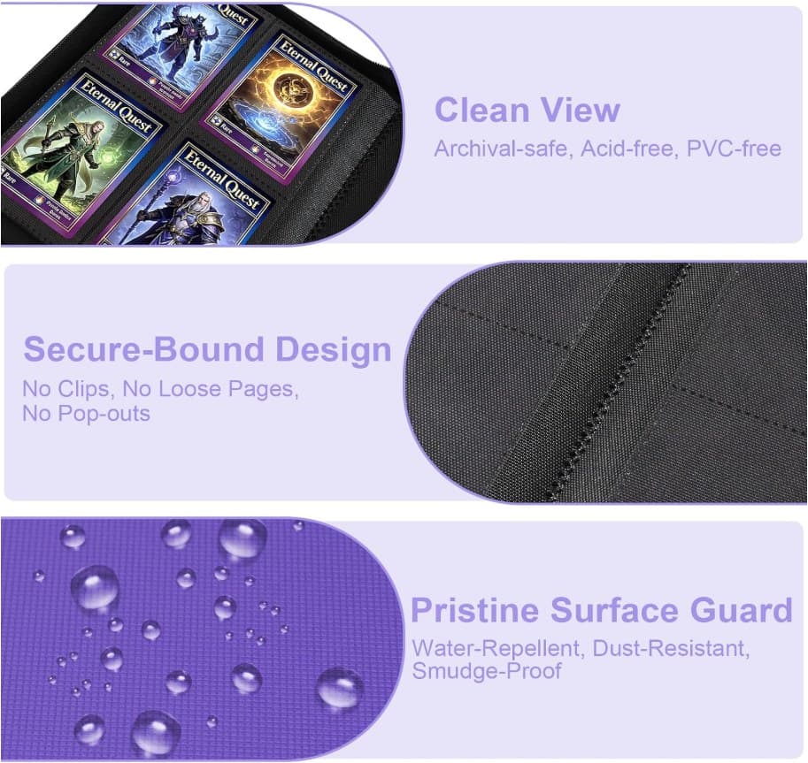 4-Pocket Zip Trading Card Binder, 160 Cards, Purple Faux Leather thumbnail 2