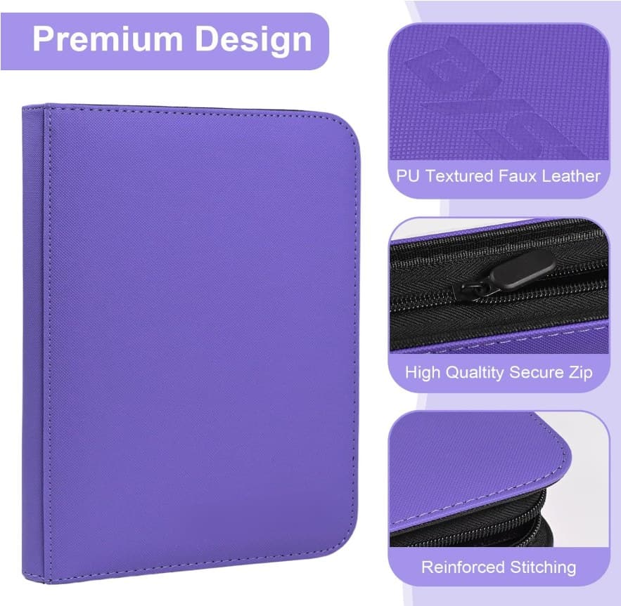 4-Pocket Zip Trading Card Binder, 160 Cards, Purple Faux Leather thumbnail 3