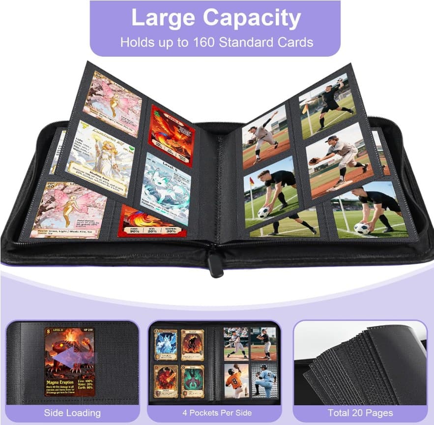 4-Pocket Zip Trading Card Binder, 160 Cards, Purple Faux Leather thumbnail 4