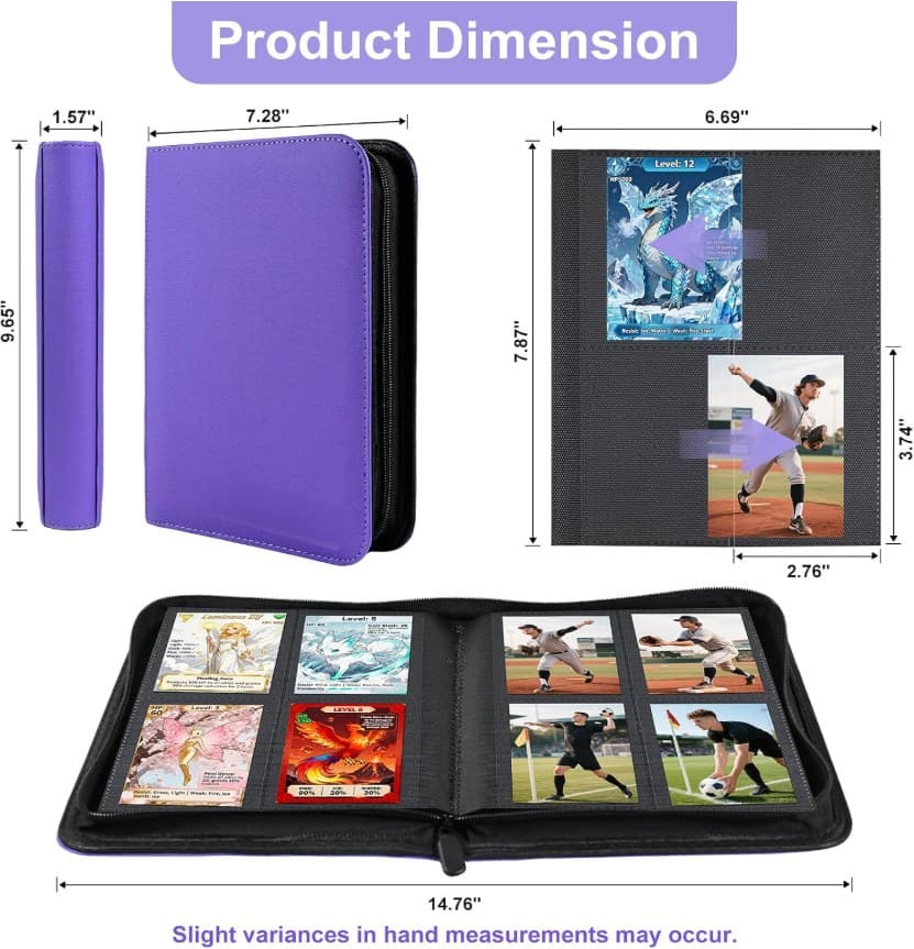 4-Pocket Zip Trading Card Binder, 160 Cards, Purple Faux Leather thumbnail 5