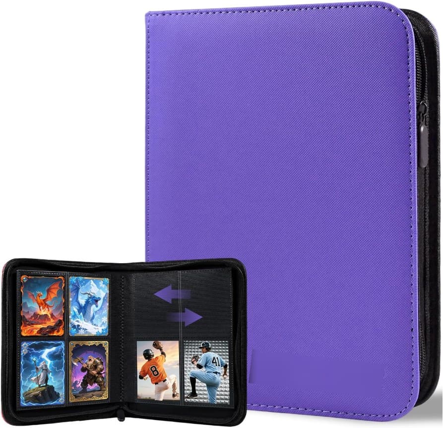 4-Pocket Zip Trading Card Binder, 160 Cards, Purple Faux Leather