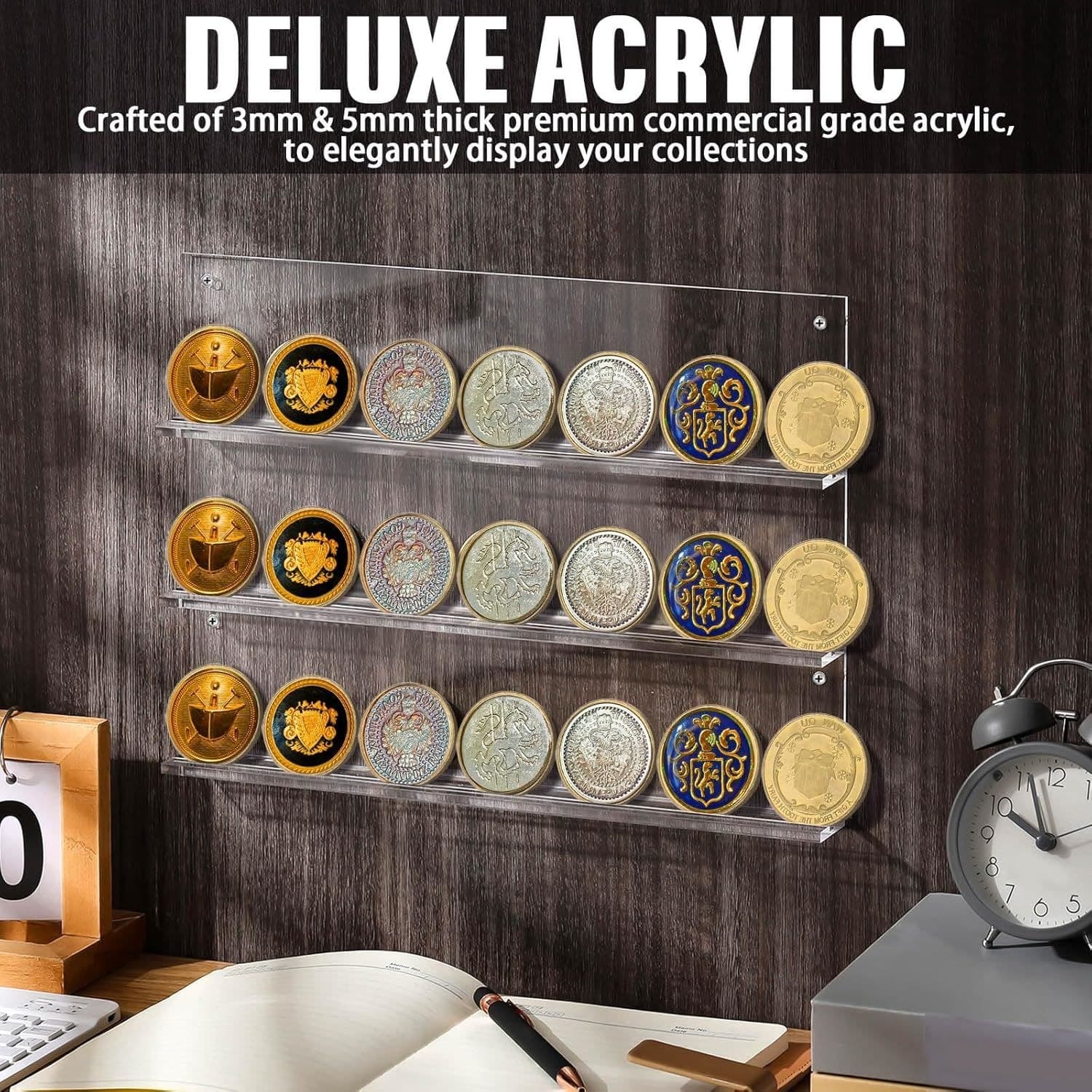 Wall-Mounted Acrylic Challenge Coin Display Shelf, 3 Rows, 12.6 x 9.25 in 缩略图 3